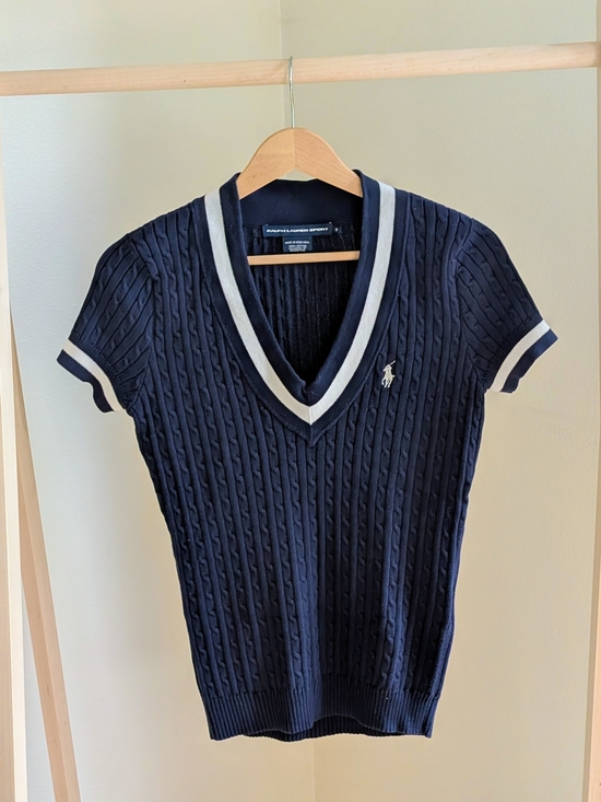 Ralph Lauren Tops - Vintage Ralph Lauren Varsity Striped Cable Knit V-neck Polo Tee In Navy/White